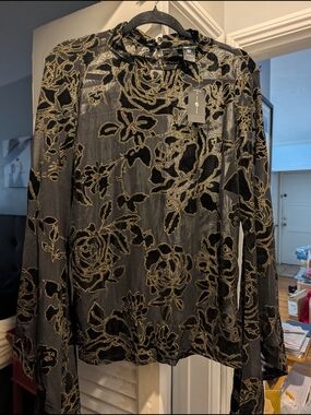 Black Burnout Velvet blouse with Gold Floral Trim